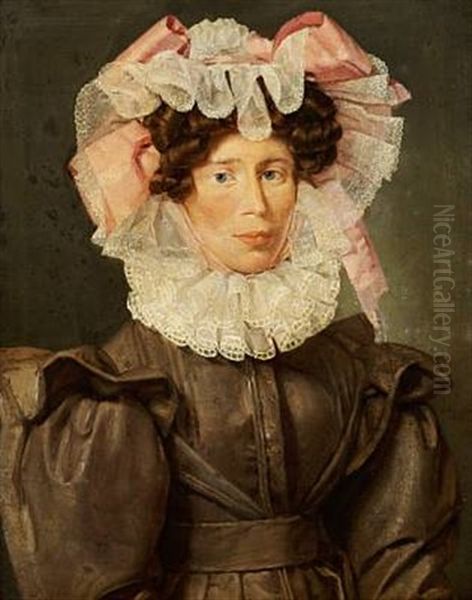 A Portrait Of Anne Cathrine Mariager, Nee Schultz, With A Big White Tulle Bonnet On Her Head Oil Painting by Christian Albrecht Jensen