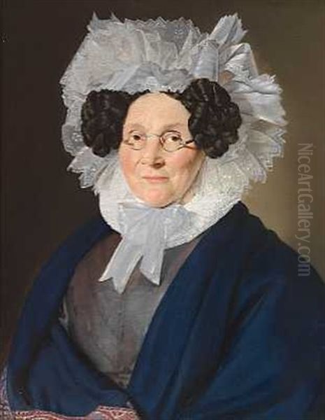 Portraet Af Anne Kirstine Riis En Gra Kjole Og Blat Sjal Samt En Hvid Blondekyse Oil Painting by Christian Albrecht Jensen