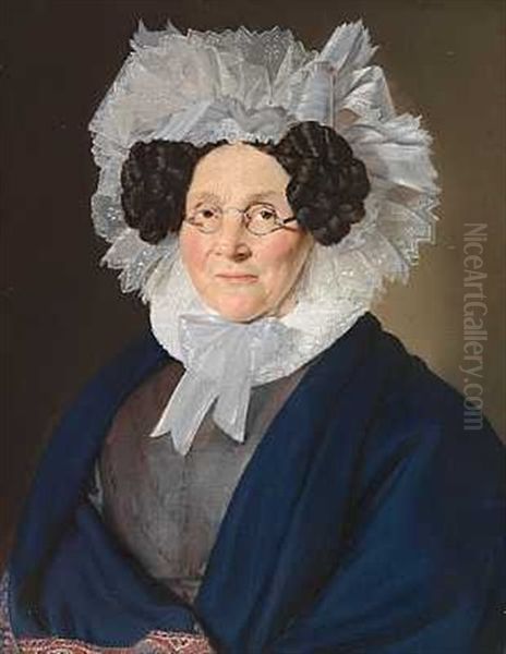 Portraet Af Anne Kirstine Riis Fodt Andresen Enke, Iklaedt En Gra Kjole Og Blat Sjal Samt En Hvid Blondekyse Oil Painting by Christian Albrecht Jensen