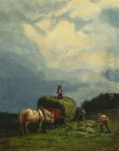 Harvest Scene With Storm Clouds Brewing Oil Painting by Edvard Michael Jensen