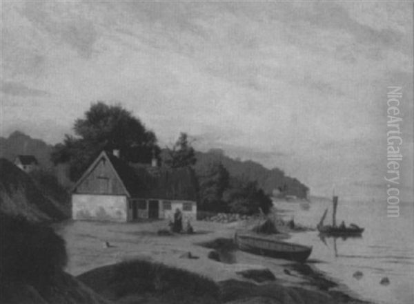 Figures In A Bay Shore Landscape With Cottage And Boats Oil Painting by Edvard Michael Jensen