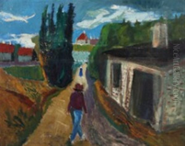 Village With A Walking Man Oil Painting by Einar Herman Jensen