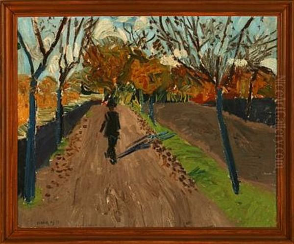 Scenery With Walking Man Oil Painting by Einar Herman Jensen