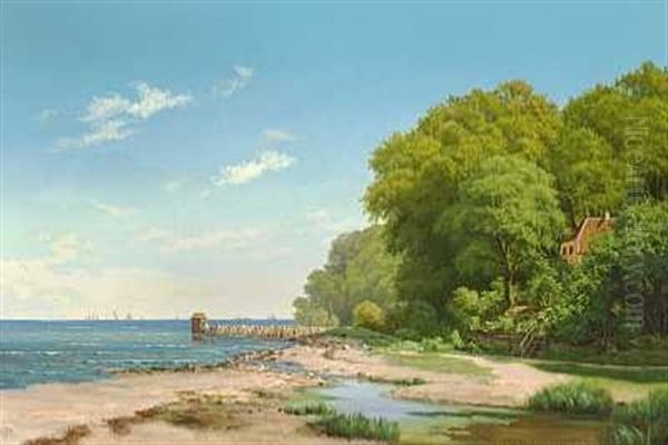 Nordsjaellandsk Kystparti Med Badehus Ved Stranden Oil Painting by Ellen Margrethe Jensen