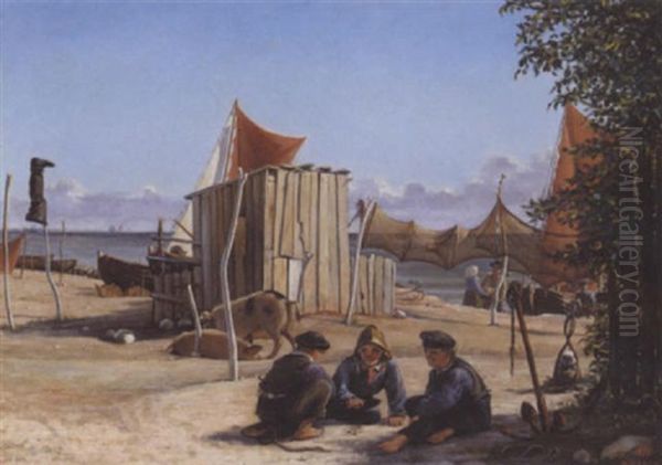 Sommerdag Pa Taarbaek Strand, I Forgrunden Tre Drenge, Der Spiller Et Spil Oil Painting by Harold Wilhelm Jensen