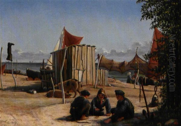 Sommerdag Pa Taarbaek Strand, I Forgrunden Tre Drenge, Der Spiller Et Spil Oil Painting by Harold Wilhelm Jensen