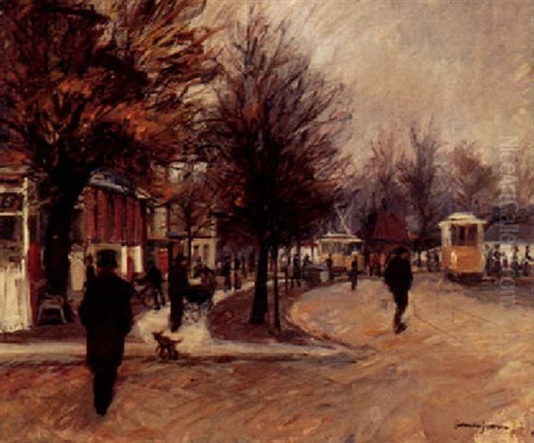 Kobenhavnsk Gadescene Med Talrige Personer Og Sporvogne Oil Painting by Herman Jensen