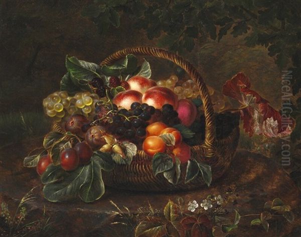 Still Life With Peaches, Figs And Grapes In A Basket Oil Painting by Johan Laurentz Jensen