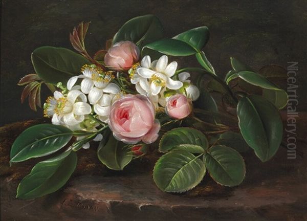 Still Life With Pink Roses And Fruit Branches In Bloom Oil Painting by Johan Laurentz Jensen