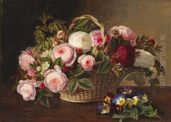 Dark Red, White And Pink Roses In A Basket On A Table Oil Painting by Johan Laurentz Jensen