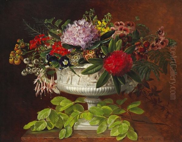 Still Life With Rhododendron And Fuchsia In A Centrepiece Oil Painting by Johan Laurentz Jensen