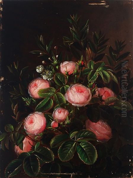 Still Life With Pink Roses Oil Painting by Johan Laurentz Jensen