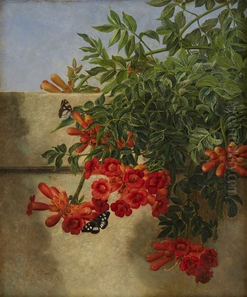 Flowers With Butterflies Oil Painting by Johan Laurentz Jensen