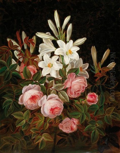 Roses And Lilies Oil Painting by Johan Laurentz Jensen