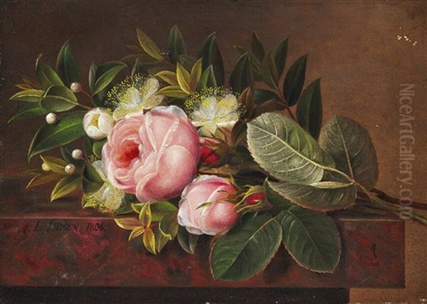 Bouquet Of Roses On A Stone Sill Oil Painting by Johan Laurentz Jensen