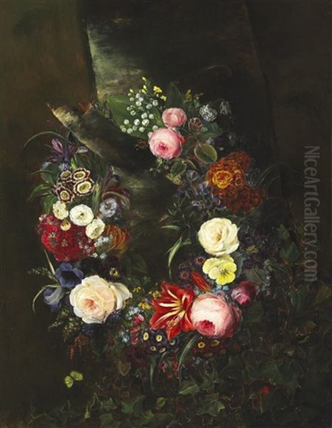 Wreath Of Flowers Hanging On A Branch Oil Painting by Johan Laurentz Jensen