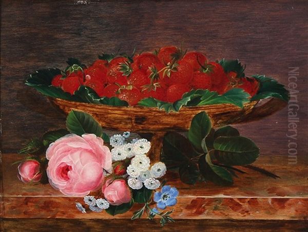 Still Life With Strawberries In A Bowl And Pink Roses On A Stone Sill Oil Painting by Johan Laurentz Jensen