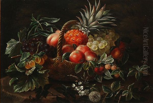 Still Life With Flowers And Fruit In A Basket Oil Painting by Johan Laurentz Jensen