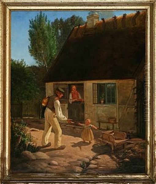 Summer Day With Parents And Their Child At A Village House Oil Painting by Johannes V. Jensen