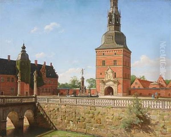 Den Ydre Slotsgard Med Porttarnet Og Springvandet. Frederiksborg Oil Painting by Karl Jensen