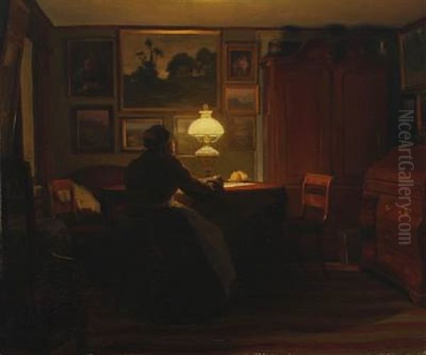 Interior With Woman Reading By Lamp Light Oil Painting by Karl Jensen