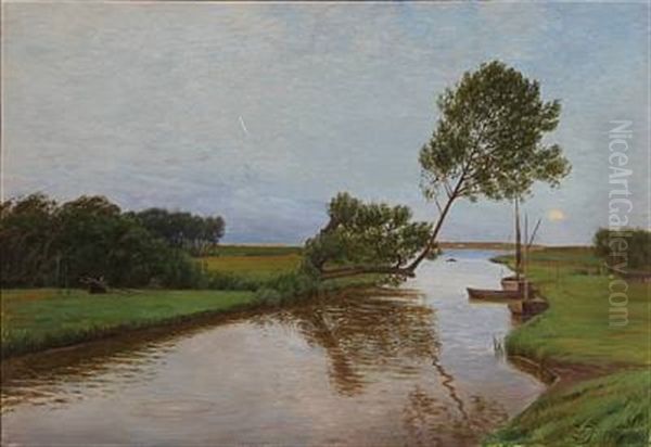 Summer Landscape At Evening Oil Painting by Louis Isak Napoleon Jensen