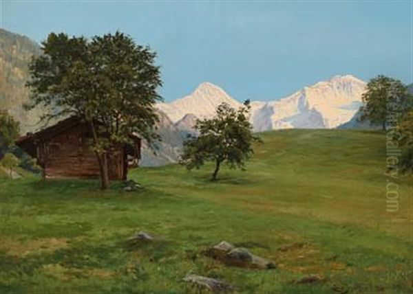 Summer Day At Interlaken In Switzerland With The Jungfrau Mountain In The Background Oil Painting by Louis Isak Napoleon Jensen