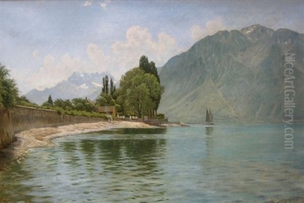 Parti Fra Lac De Geneve Naer Montreux-vevey, I Forgrunden Hus Og Mur, Pa Vandet Sejlbad, Sommer Oil Painting by Louis Isak Napoleon Jensen