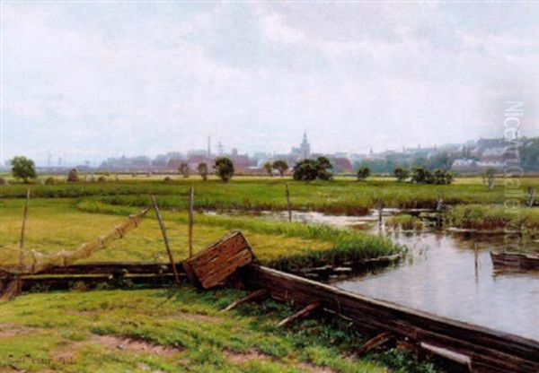 Randers, Set Fra Engene Ved Kristrup Oil Painting by Louis Isak Napoleon Jensen