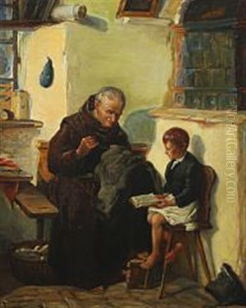 Reading Aloud To A Monk Oil Painting by Simony Jensen