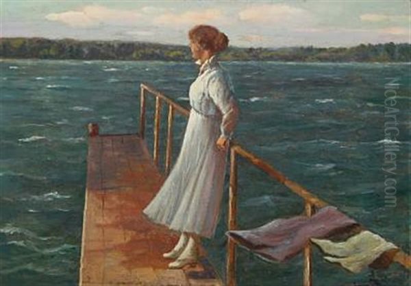 Young Woman In A White Dress On A Bathing Jetty Oil Painting by Simony Jensen