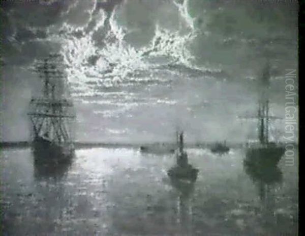 Several Ships In Port Oil Painting by Thomas M. Jensen