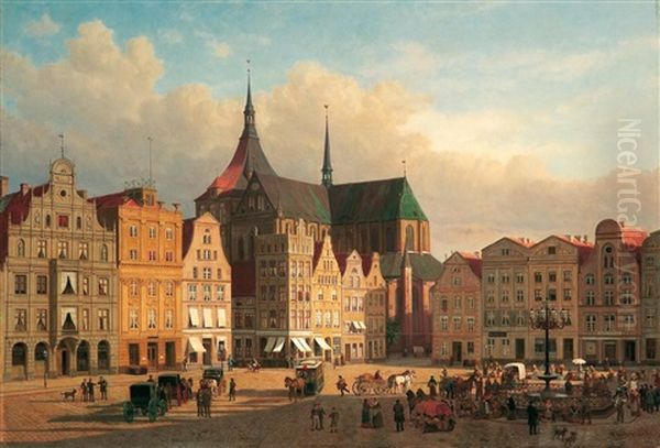 Der Alte Marktplatz Von Rostock Oil Painting by Friedrich Jentzen