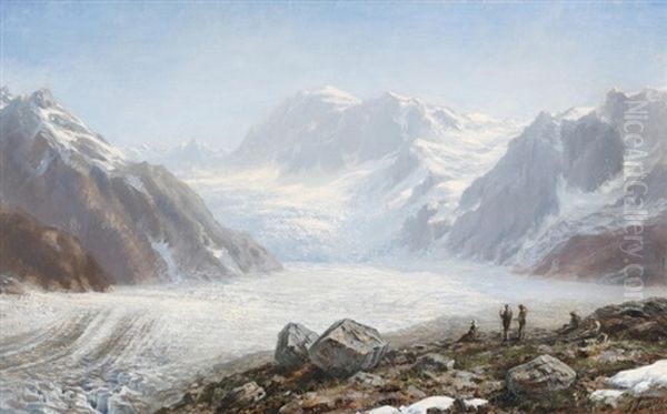 Blick Auf Den Aletschgletscher, Mit Jungfrau, Monch, Trugberg Und Eiger Im Hintergrund Oil Painting by Jules Jequier