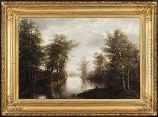 Enfant Au Bord D'une Riviere Dans Un Sous-bois Oil Painting by Jules Jequier