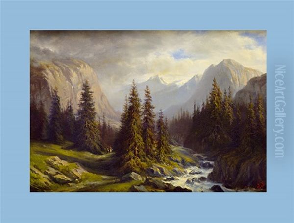 Bergbach Und Tannen Im Gebirge Oil Painting by Jules Jequier