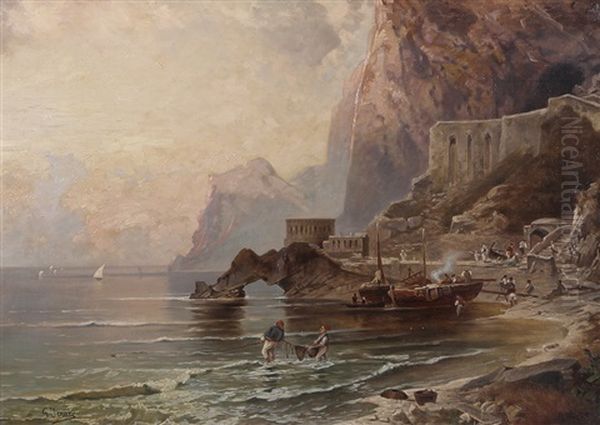 Capri, Marina Con Pescatori Oil Painting by Gaetano Jerace