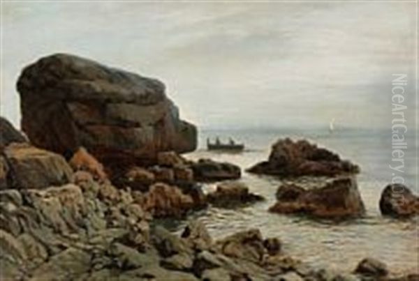 Rocky Coast, Presumably From Capri With Two Persons In A Rowboat Oil Painting by Harald-Adof-Nikolaj Jerichau