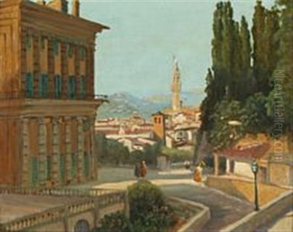 View From Palazzo Pitti In Florence With Palazzo Vecchio In The Background Oil Painting by Harald-Adof-Nikolaj Jerichau