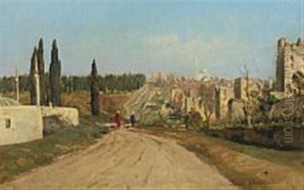 Turkish Landscape With Ruins, In The Background A Mosque Oil Painting by Harald-Adof-Nikolaj Jerichau