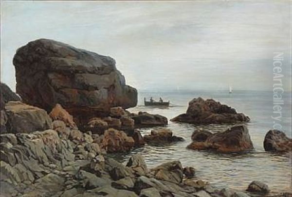 Rocky Coast Presumably From Capri With Two Persons In A Rowboat Oil Painting by Harald-Adof-Nikolaj Jerichau