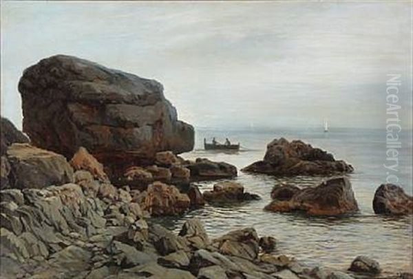 Rocky Coast Presumably From Capri With Two Persons In A Rowboat Oil Painting by Harald-Adof-Nikolaj Jerichau