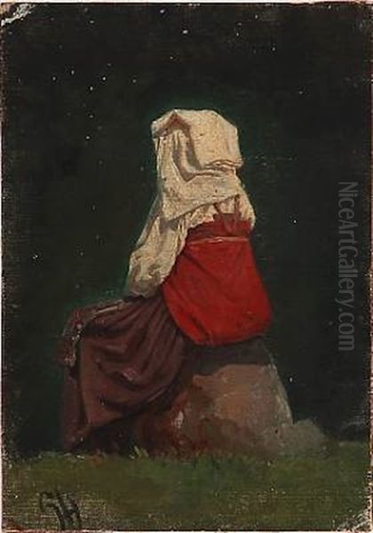 A Back Turned Italian Woman Oil Painting by Harald-Adof-Nikolaj Jerichau