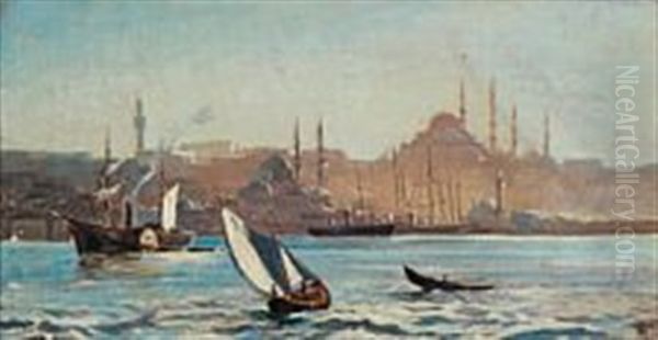 Galata Set Fra Scutari Oil Painting by Harald-Adof-Nikolaj Jerichau