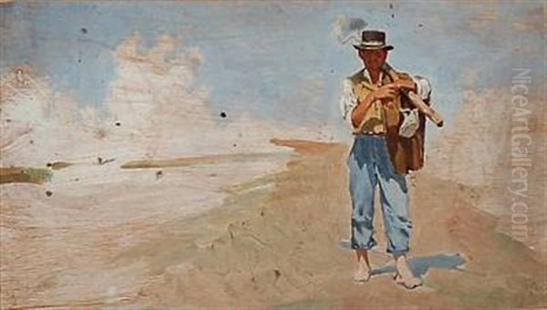 An Italian Farmer (study) (+ Cattle At A Fence, Verso) Oil Painting by Harald-Adof-Nikolaj Jerichau