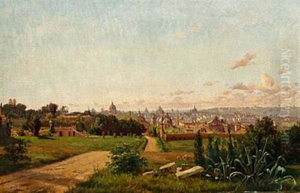 View Of Rome From Monte Pincio Oil Painting by Harald-Adof-Nikolaj Jerichau