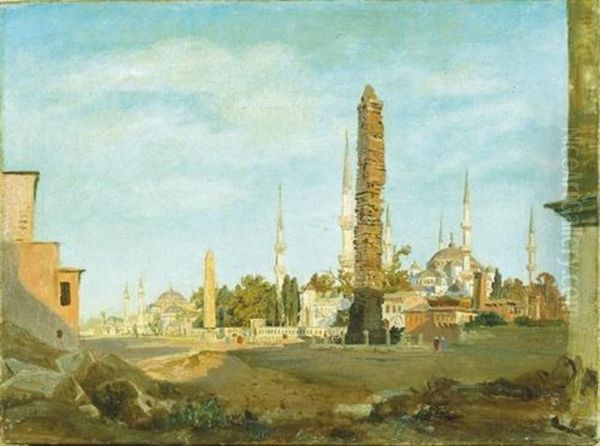 The Brazen Column And Egyptian Obelisk, The Blue Mosque And Haghia Sophia Beyond Oil Painting by Harald-Adof-Nikolaj Jerichau