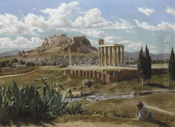 Overlooking The Acropolis Oil Painting by Harald-Adof-Nikolaj Jerichau