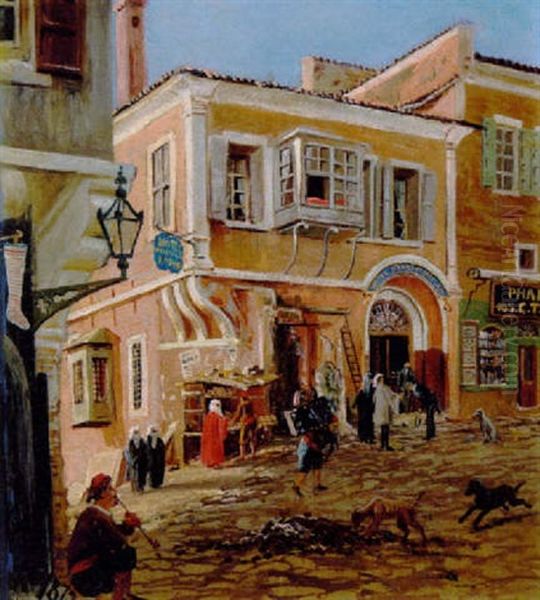 Sydlandsk Gadeparti Med Personer Foran Det Lokale Hotel D'angleterre Oil Painting by Harald-Adof-Nikolaj Jerichau