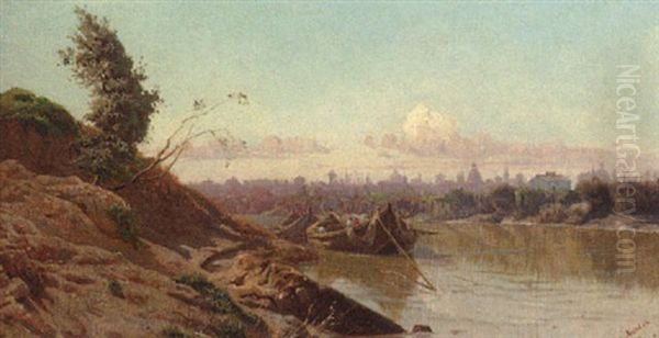 By The Banks Of The River Tiber Oil Painting by Harald-Adof-Nikolaj Jerichau